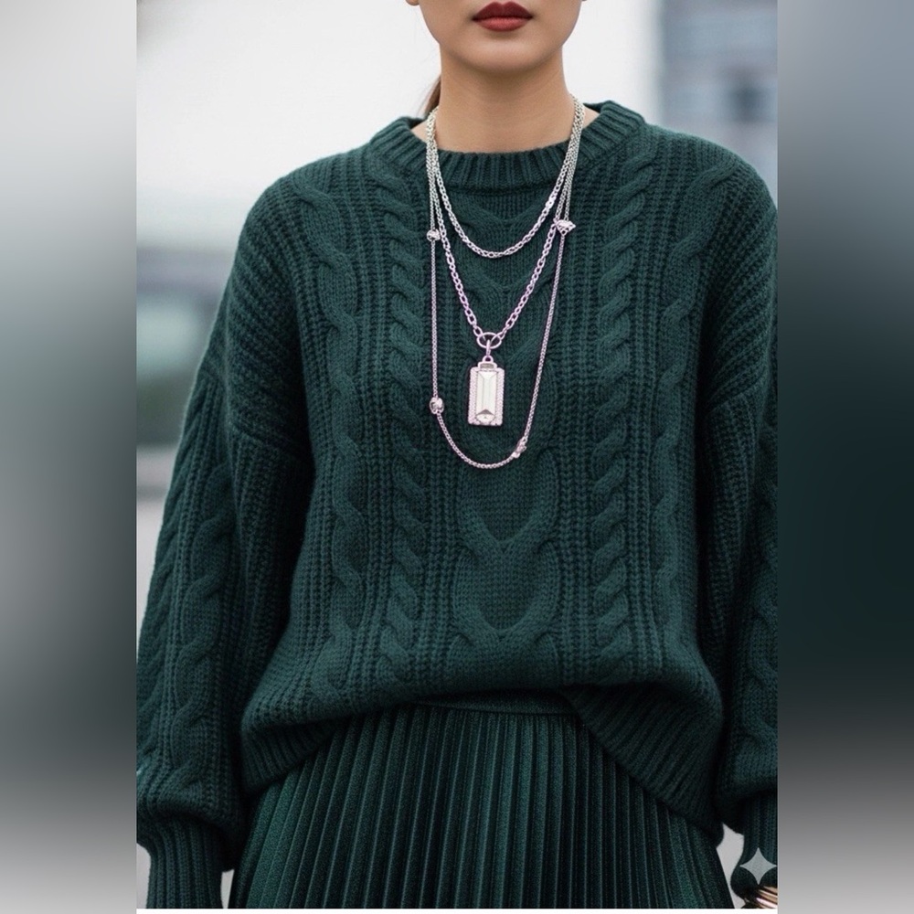J. Jill Chenille Sweater Womens L Dark Green Cable Knit Pullover Soft Cozy LP